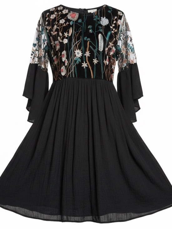 Umgee Dresses & Skirts - Embroidered Black Babydoll Dress Wide Flutter Sleeve Floral Sheer Fairy Size S